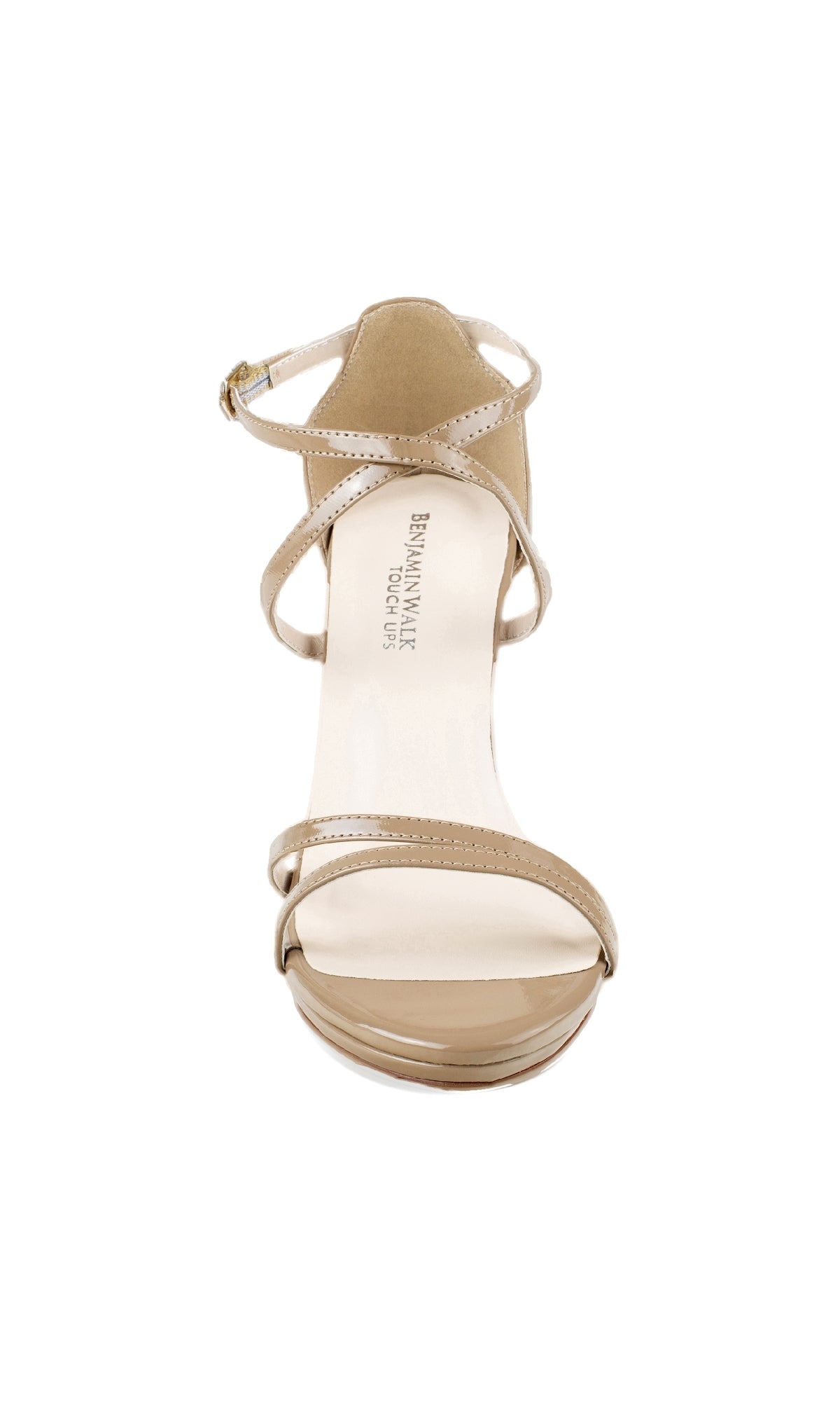 Front view of Reign Dark Nude Prom Shoes: Touch Ups 4644—beige open-toe high heel sandal with ankle strap and platform sole, ideal for prom—shown on a white background.
